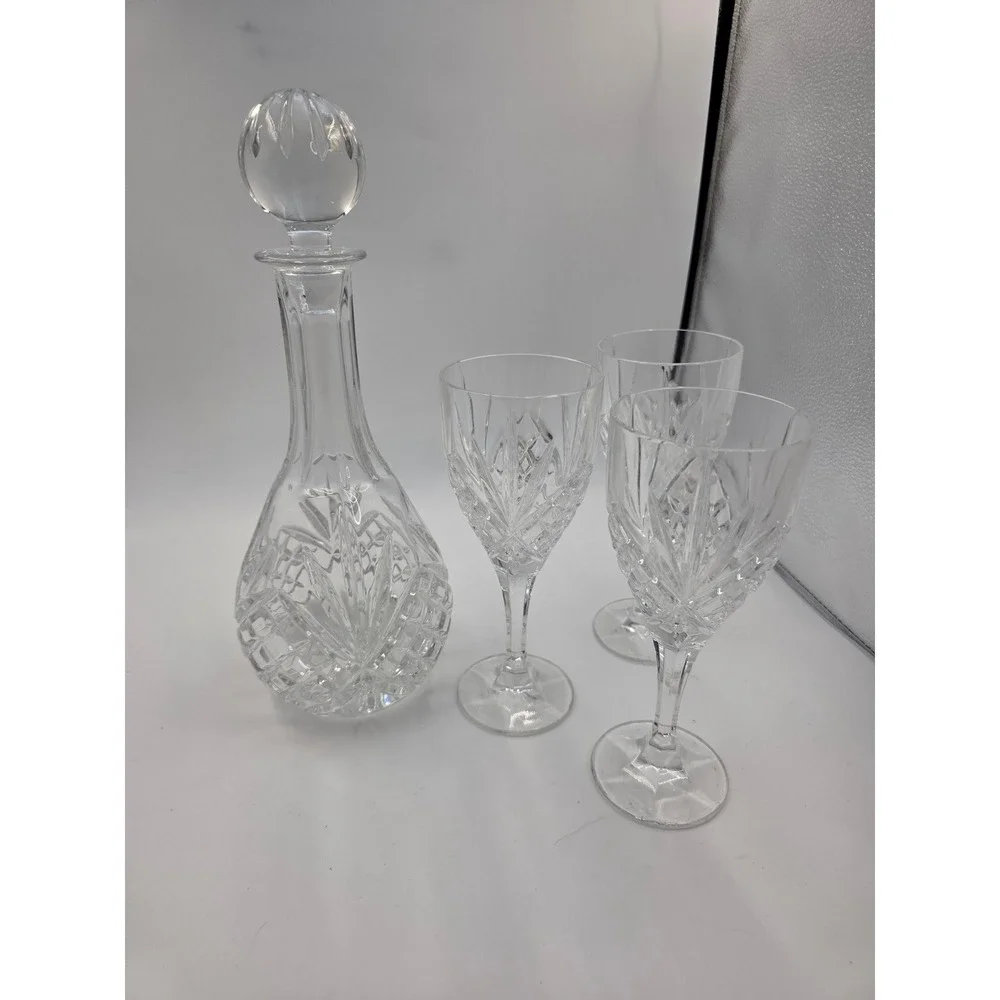 Galway Irish‎ Crystal Decanter and 3 Wine Glasses Set Clear Cut Glass Barware
